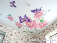 Натяжной потолок с фотопечатью Бабочки и цветы